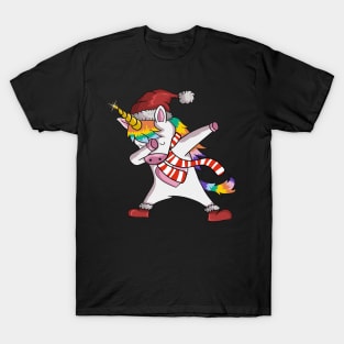 Unicorn Wearing Santa Hat, Showing Scarf And The Trendy Dab Dance Pose Of Rainbow Unicorns T-Shirt